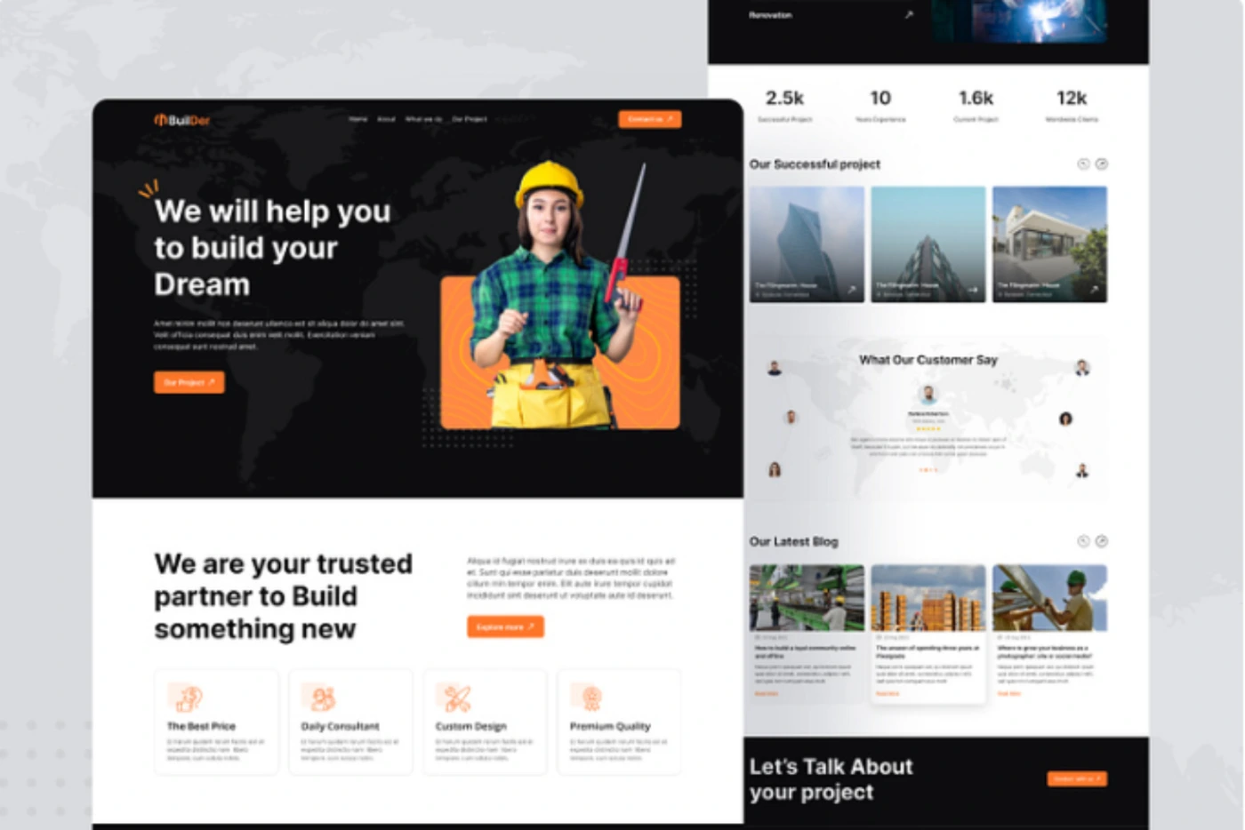 Professional construction website homepage designed by Eavico showcasing projects and services